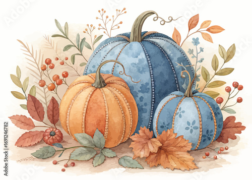 Watercolor painting of blue and orange pumpkins with leaves and berries for fall aesthetic season decor