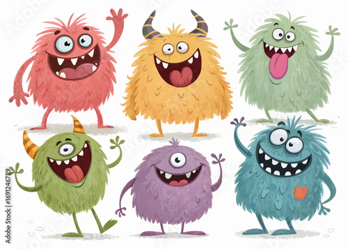 A collection of six cartoon monsters with varied colors and expressions waving their hands cheerfully