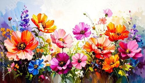 Vibrant floral painting, showcasing a multitude of colorful flowers in a field