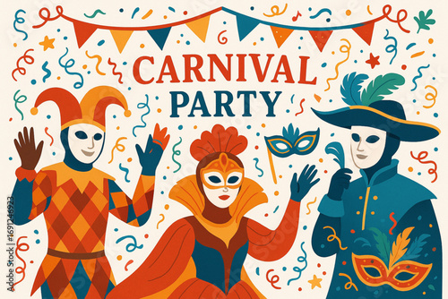 Colorful Venice Carnival party poster illustration with masked characters and festive decorations