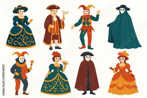 Venetian carnival characters illustration with traditional masks and colorful costumes