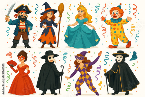 Colorful Carnival Characters in Costumes Festive Vector Illustration on White Background