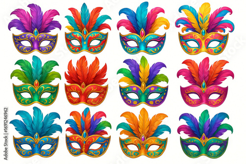 Colorful Venetian Carnival Masks Feathers Jewels Vector Illustration Isolated on White Background