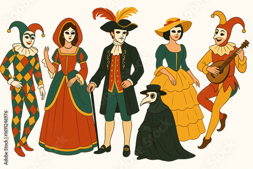 Venetian Carnival Characters in Colorful Costumes and Masks Festive Vector Illustration on White Background