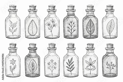 Botanical collection featuring various plants and leaves preserved inside vintage glass bottles with cork stoppers