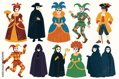 Venetian carnival characters illustration with traditional masks and colorful costumes