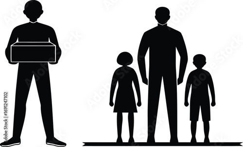 Silhouette figures of a man holding a box and a family group with two children package