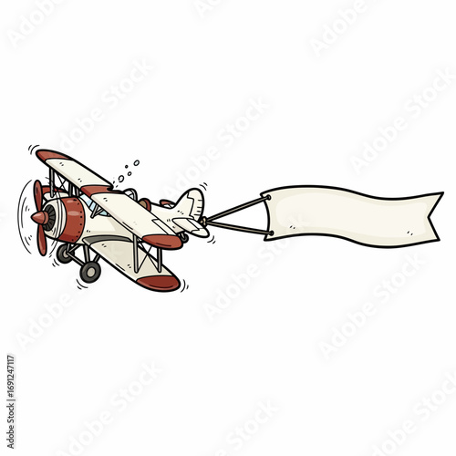 Cartoon Biplane Towing a Blank Banner for Advertising