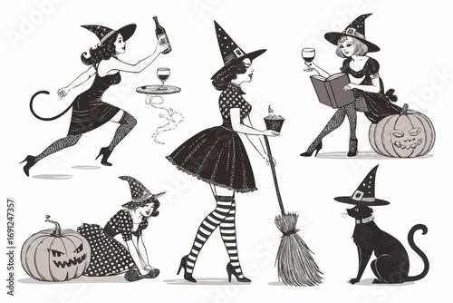 Collection of vintage style halloween witches with pumpkins and black cat in black and white illustration