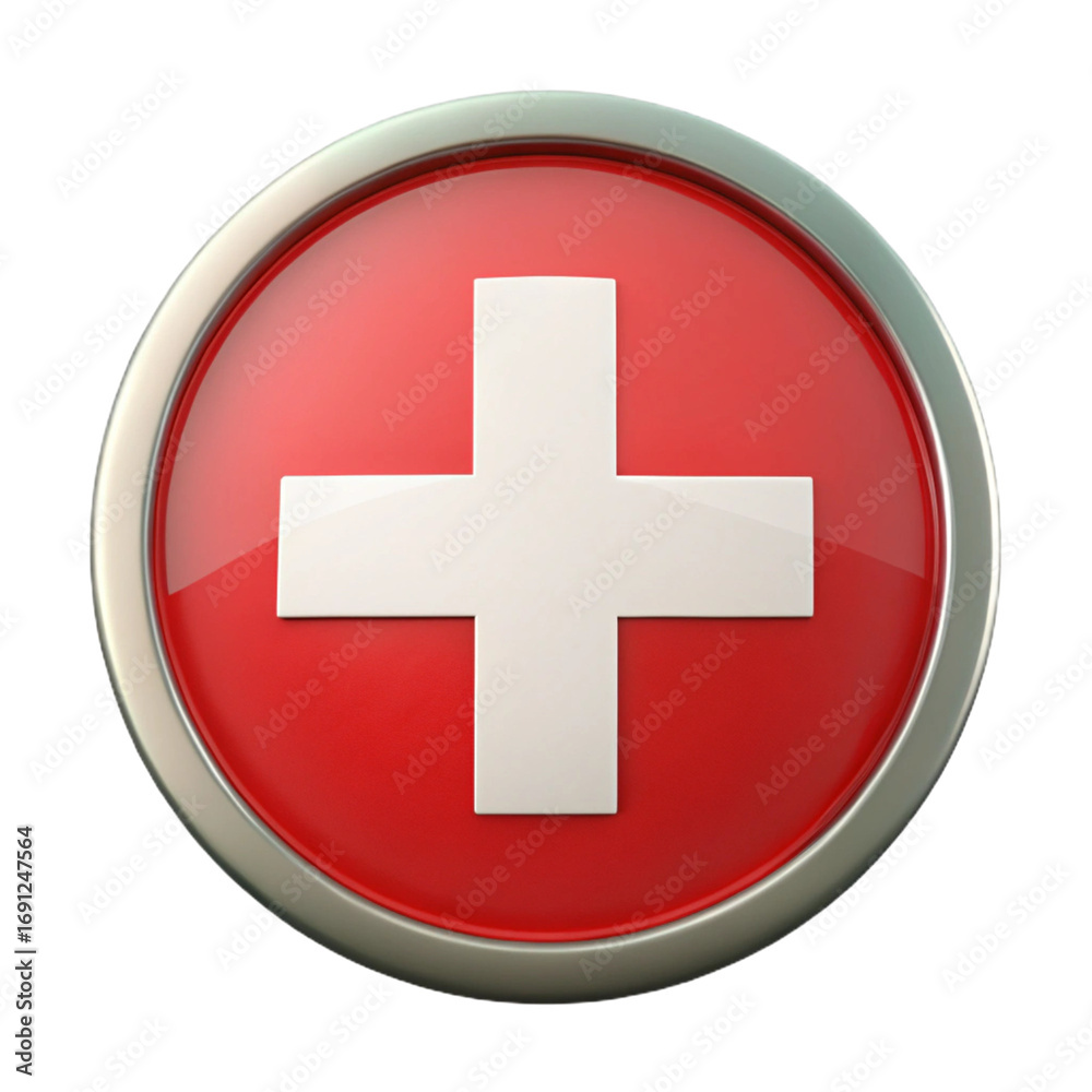 Obraz premium 3D Render Glossy Metallic Red Cross Button Icon in Circular Frame on Transparent Background