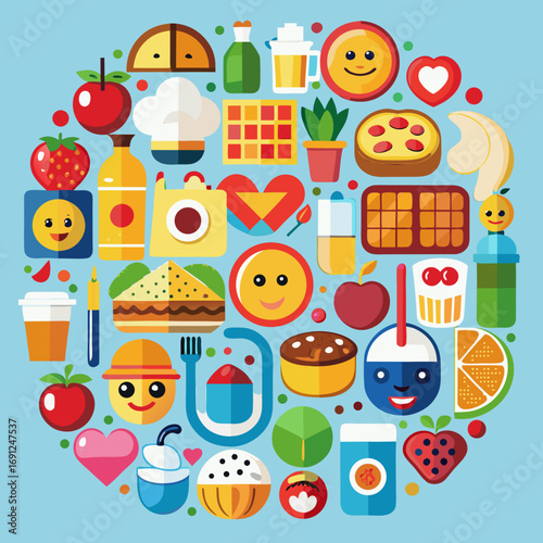 Vector illustration of delicious food and drink items arranged in a circular pattern vector