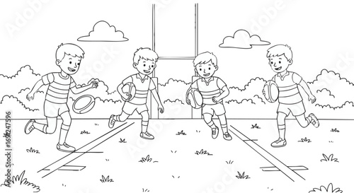 Kids Playing Rugby A Fun Line Art Illustration