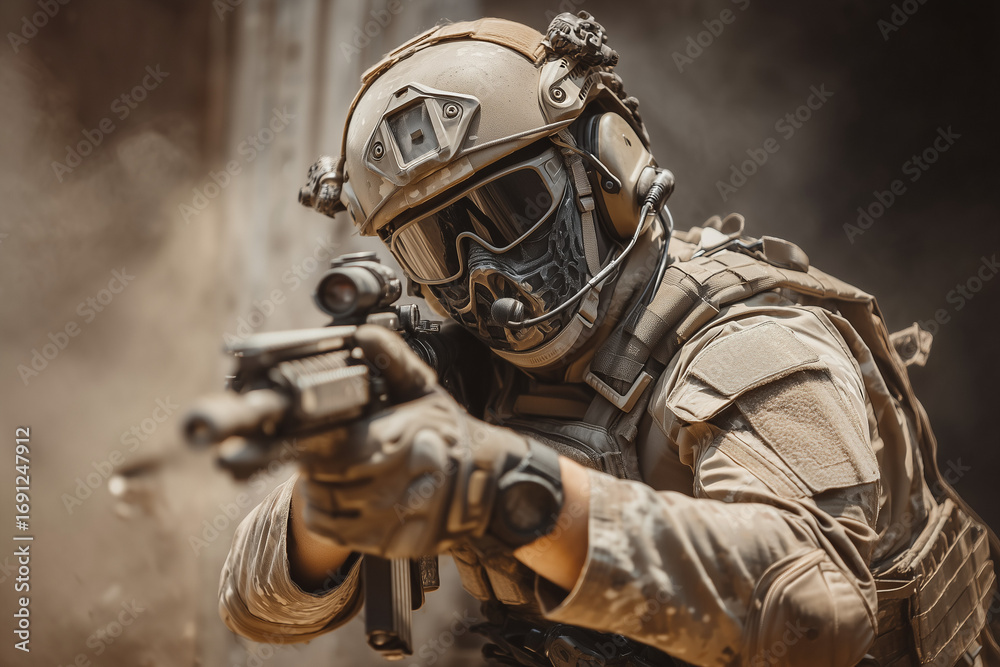 Fototapeta premium portrait of a military man in uniform with a machine gun 