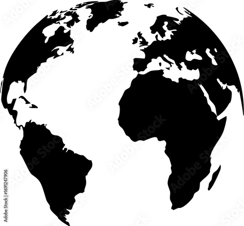 Bold modern world globe showing continents like Africa, Europe, South America, & North America