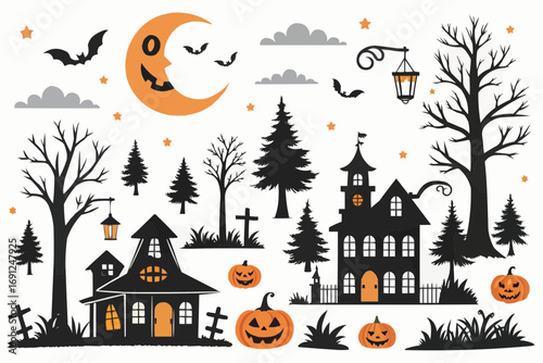 A halloween themed illustration featuring spooky houses, trees, pumpkins, bats and a grinning moon