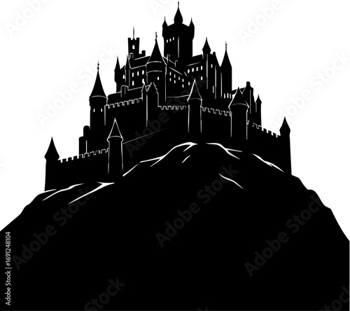 Dramatic black silhouette of majestic medieval castle on hilltop conveys power and mystery