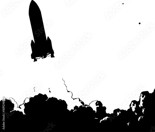 Dramatic rocket launch with fiery blastoff creating dynamic energy and excitement in the sky
