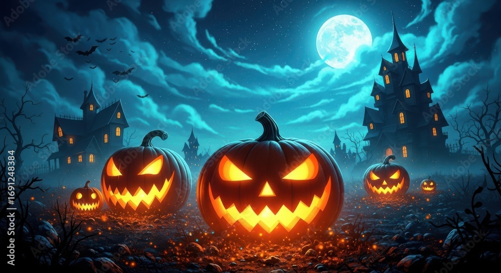 Naklejka premium Spooky halloween night with carved pumpkins and haunted castles under a full moon