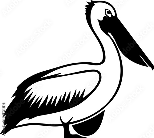 Elegant pelican illustration for coastal designs and nature projects in black and white style