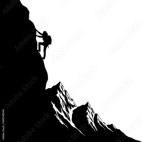 Dynamic silhouette of a climber ascending a steep mountain, representing ambition and perseverance