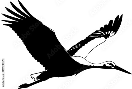 Elegant silhouette of a crane in graceful flight, perfect for nature and conservation projects