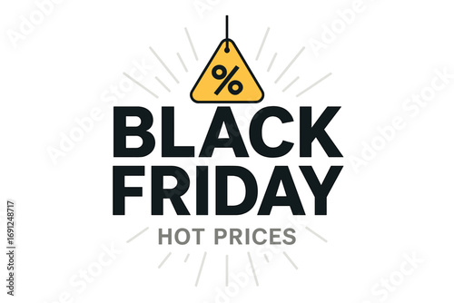 Bold black‑and‑yellow caution sign featuring a percent symbol, hot‑price lettering, and a repeating white triangle background – vector mixed graphic design