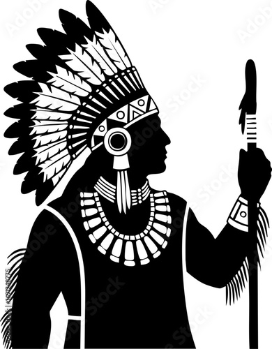 Proud Native American chief with feathered headdress holding ceremonial staff in profile silhouette