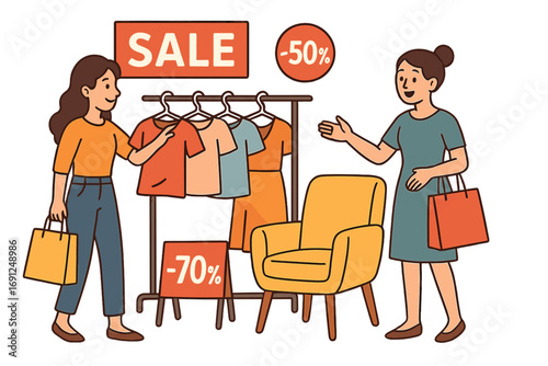 Isometric vector illustration of a Black Friday 3D scene with two girls fighting over a dress inside a shop interior
