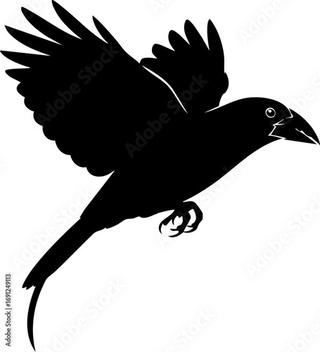 Dynamic black silhouette of a bird in mid-flight, wings outstretched, conveying freedom and movement.