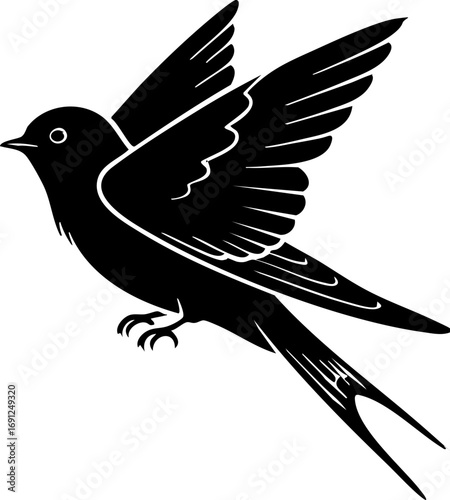 Graceful black bird in mid-flight with outstretched wings and elegant tail feathers soaring