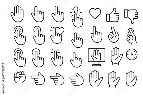 A collection of linear icons showing gestures, hands, and cursors with editable strokes, designed minimally for use on cards, apps, banners, and posts