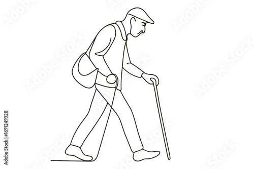 A minimalist continuous‑line illustration depicts a man picking up trash around his home, highlighting social activity and care