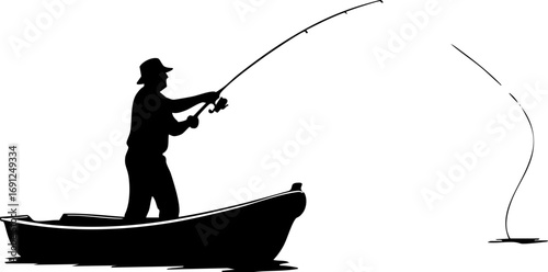 Dedicated angler casts line from boat, anticipating the thrill of a catch on tranquil water