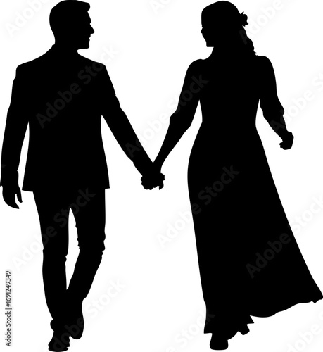 Elegant couple walking hand-in-hand, celebrating love and commitment in timeless silhouette