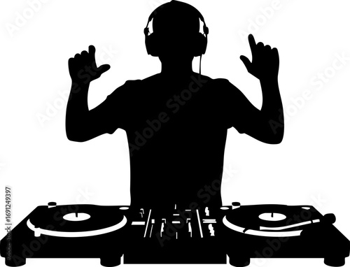 Energetic DJ silhouette hyping crowd with turntables, creating a vibrant party atmosphere for events.