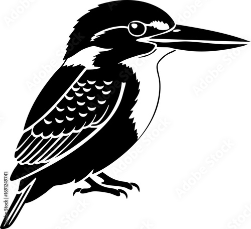 Elegant kingfisher bird silhouette perched attentively, showcasing striking detail and natural form for design.