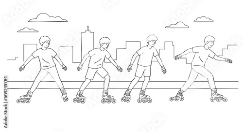 Monochrome line drawing illustrating the technique of inline skating, a four-step movement sequence with an urban city background