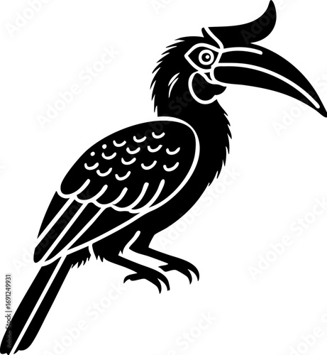 Striking silhouette of a majestic hornbill perched elegantly, showcasing unique beak and plumage detail
