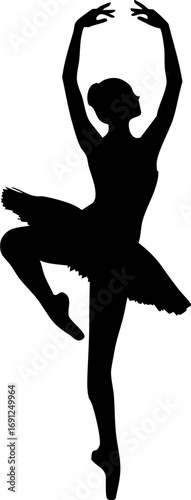 Graceful ballerina performing an elegant dance pose with arms raised in classic ballet form