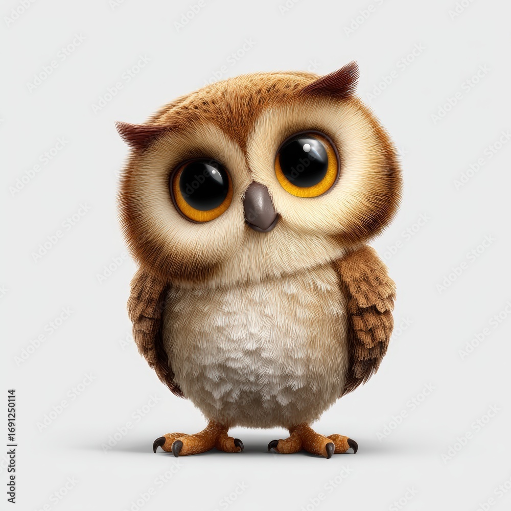 Fototapeta premium A cartoon owl with big eyes and a fluffy tail
