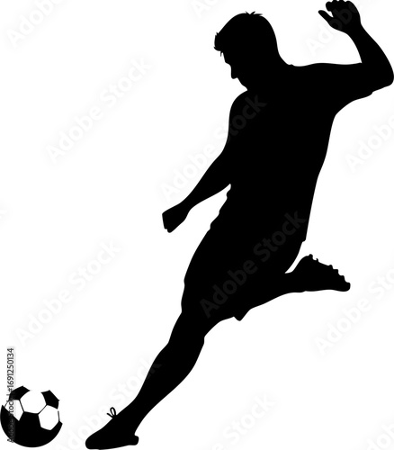Dynamic silhouette of athlete kicking soccer ball, capturing powerful action and athletic motion