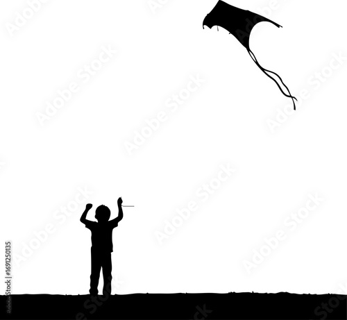 Joyful child flying a kite on breezy day, pure childhood freedom and outdoor fun captured