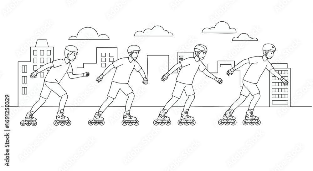Fototapeta premium Inline Skating Through the City A Sequence of Motion in Outline
