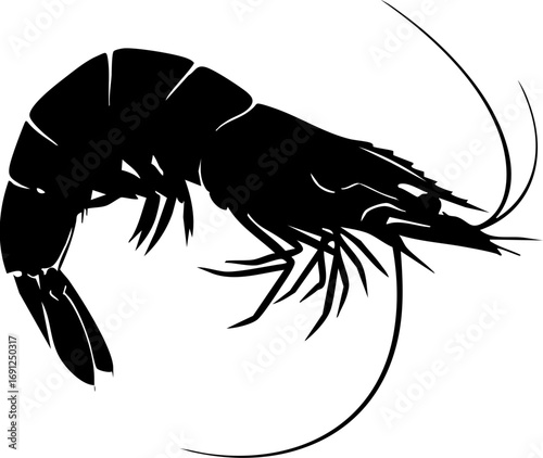 Bold black silhouette of a single shrimp, perfect for seafood menus, culinary designs, and ocean themes