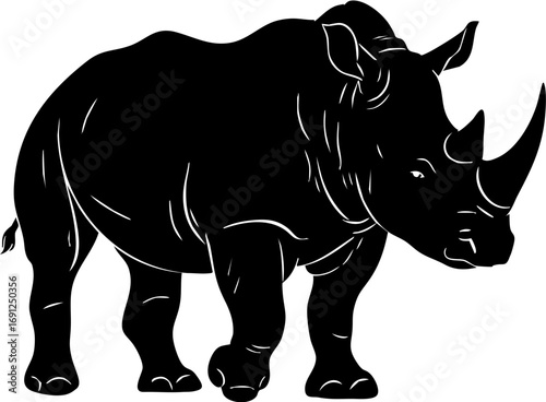 Powerful black rhinoceros silhouette walks forward, embodying strength and wild nature.