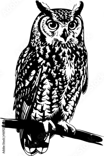Majestic Great Horned Owl perched on a branch, capturing wisdom and nocturnal mystery