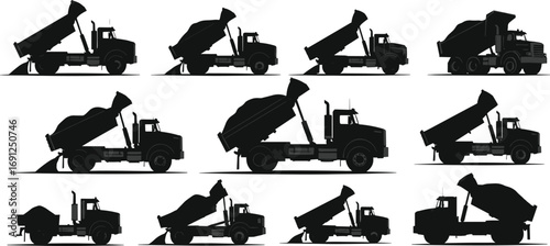 Dump truck silhouettes collection, tipping trucks side view, construction vehicle set, industrial machinery, heavy equipment, cargo transport, black vector illustrations.