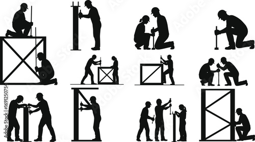 Construction workers silhouette, teamwork building structure, industrial labor, safety helmet, teamwork collaboration, construction site, manual work, professional builders.