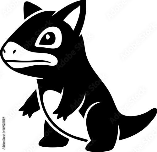 Cute black creature with big eyes and pointy ears, stylized cartoon animal character design