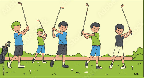 Boys Practicing Golf Swing on the Green Course, Golf Clubs and Golf Bag in the Background Cartoon Style